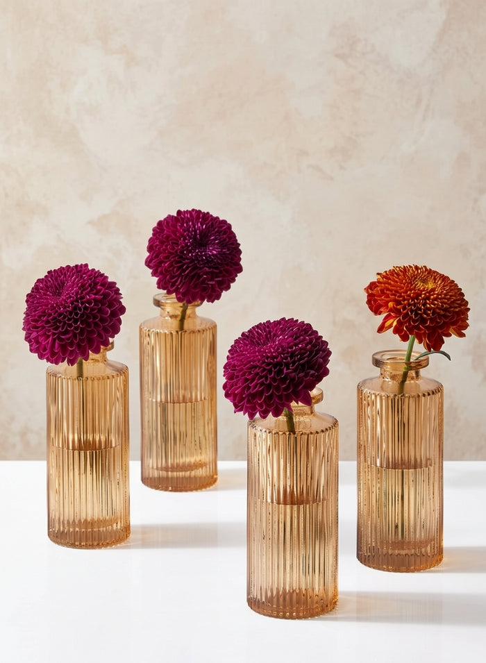 5.25in Tall Amber Pleated Glass Bottle Bud Vase, Set of 4 Decor Jamali Garden