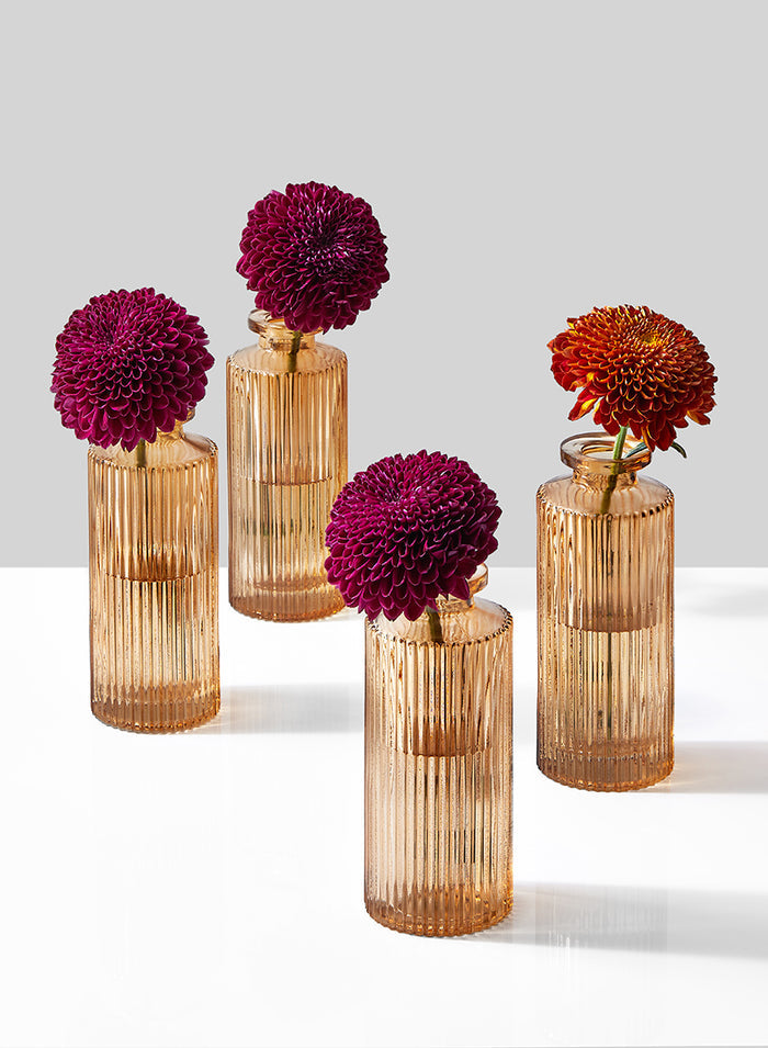 5.25in Tall Amber Pleated Glass Bottle Bud Vase, Set of 4 Decor Jamali Garden