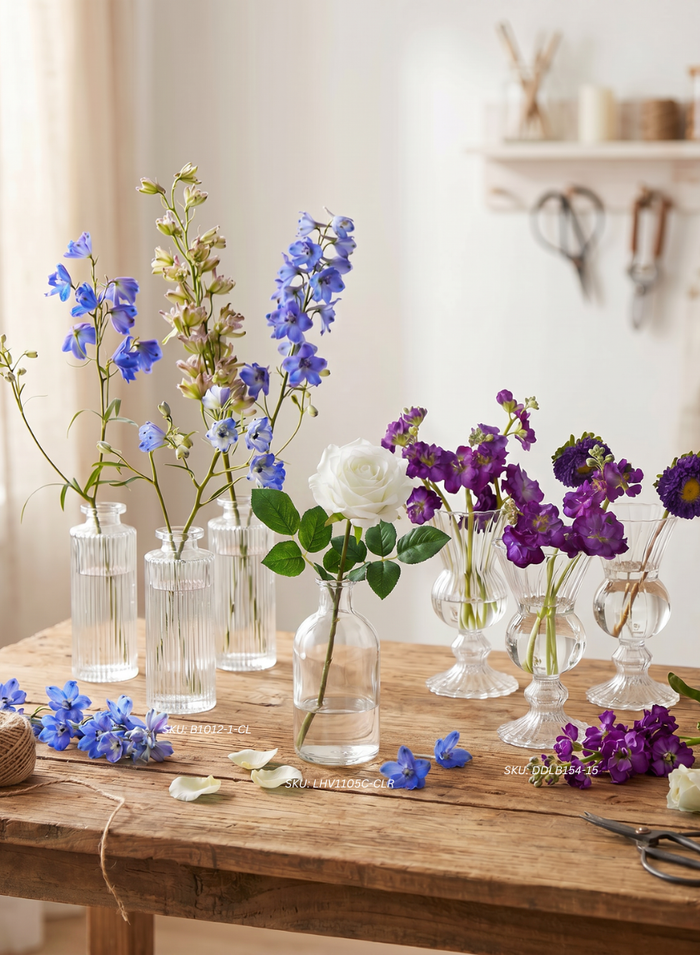 5.25in Tall Clear Pleated Glass Bottle Bud Vase, Set of 4 Decor Jamali Garden