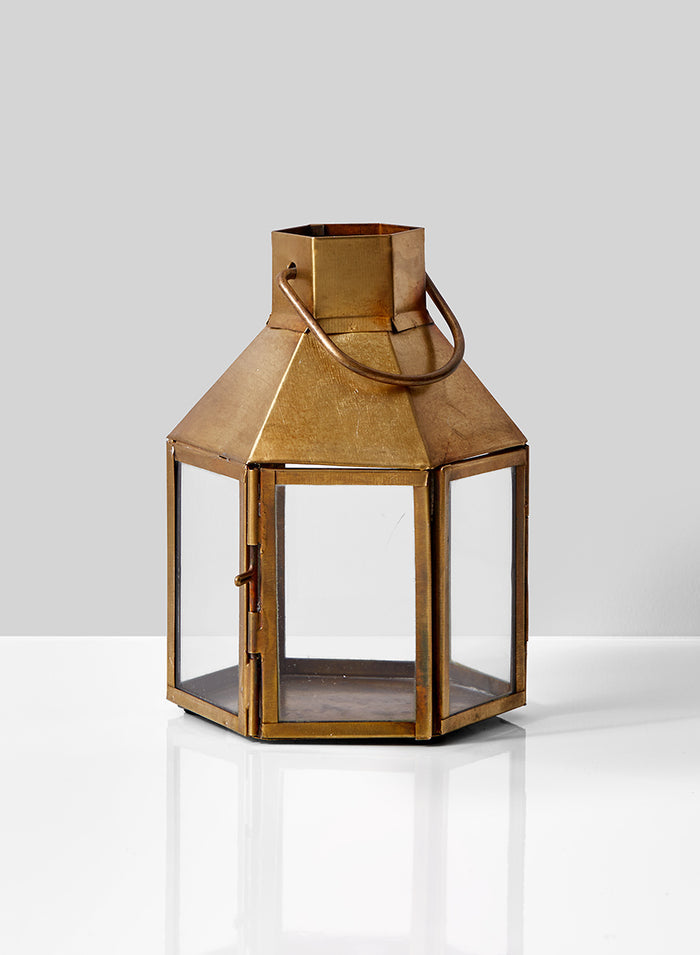 5.5in Tall Rustic Brass Hexagon Lantern Decor Jamali Garden