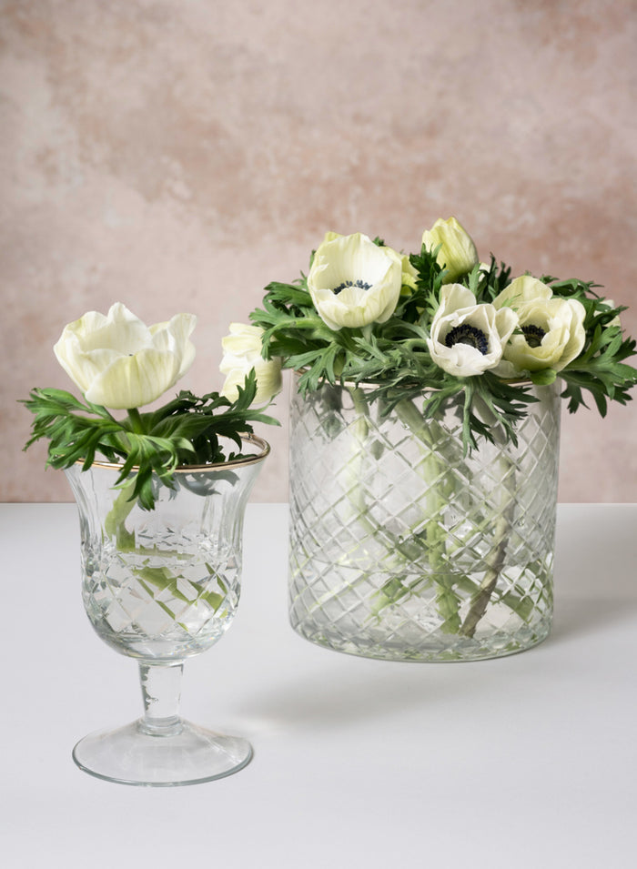 5.5in Tall Versailles Cut Work Gold Rim Glass Cylinder Decor Jamali Garden