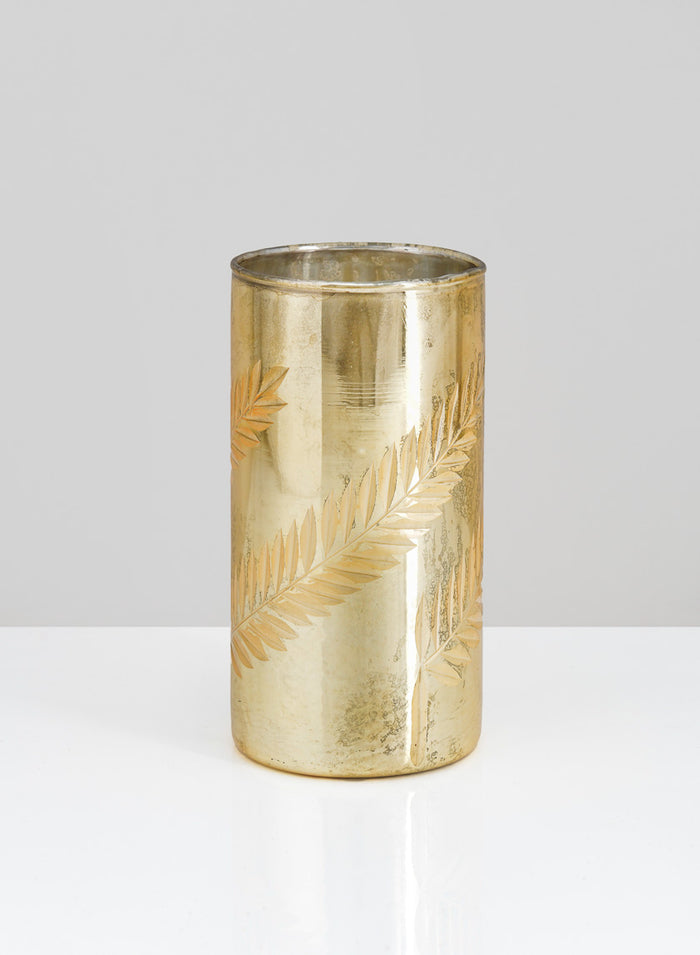 5.75in Tall Palm Etched Gold Mercury Glass Cylinder Decor Jamali Garden