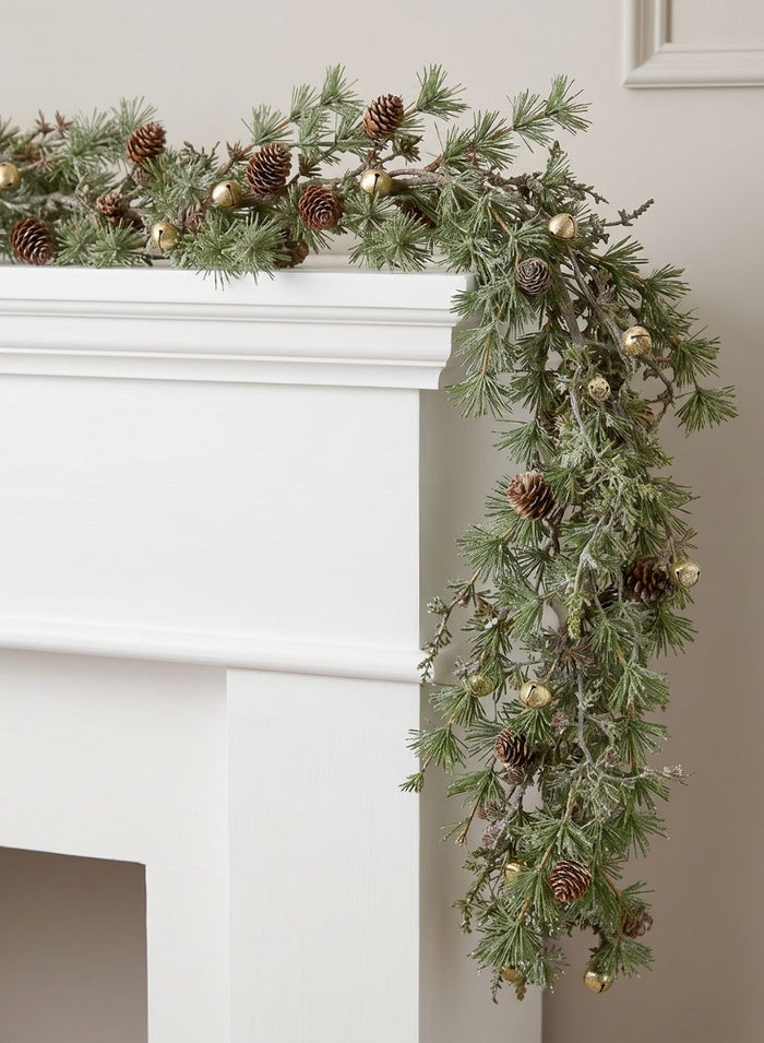 5ft Long Iced Pine Garland with Pine Cones & Jingle Bells Decor Jamali Garden
