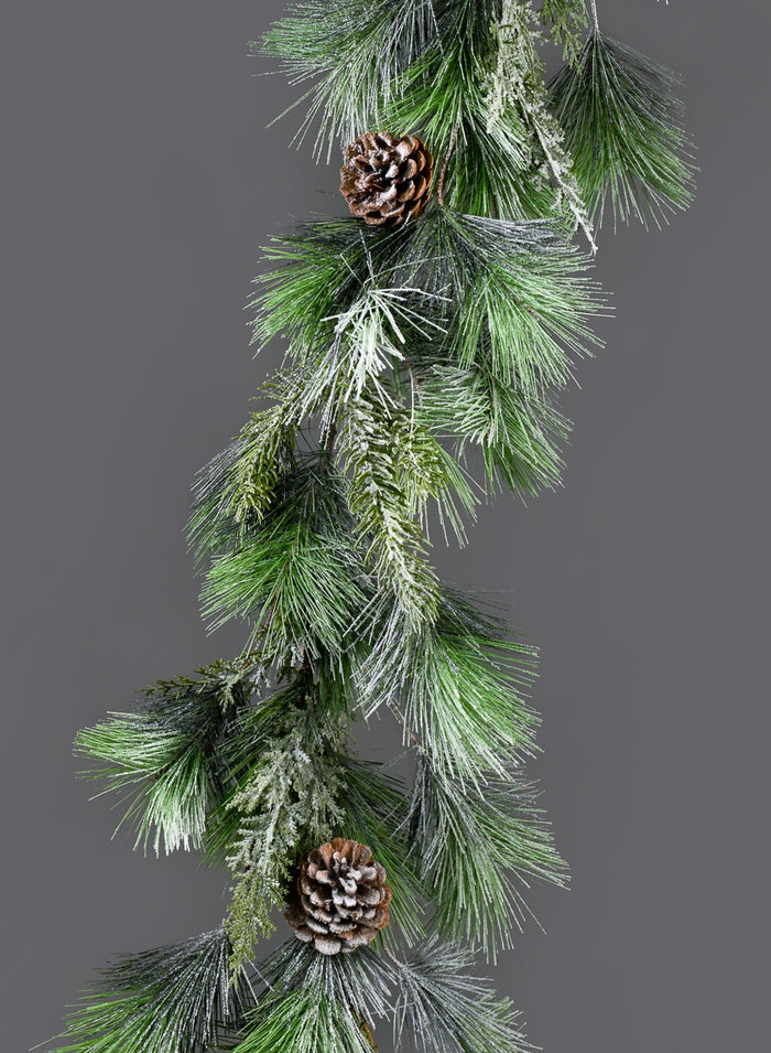 5ft Long Snowy Mixed Evergreens Garland With Pine Cones, Case of 2 Decor Jamali Garden