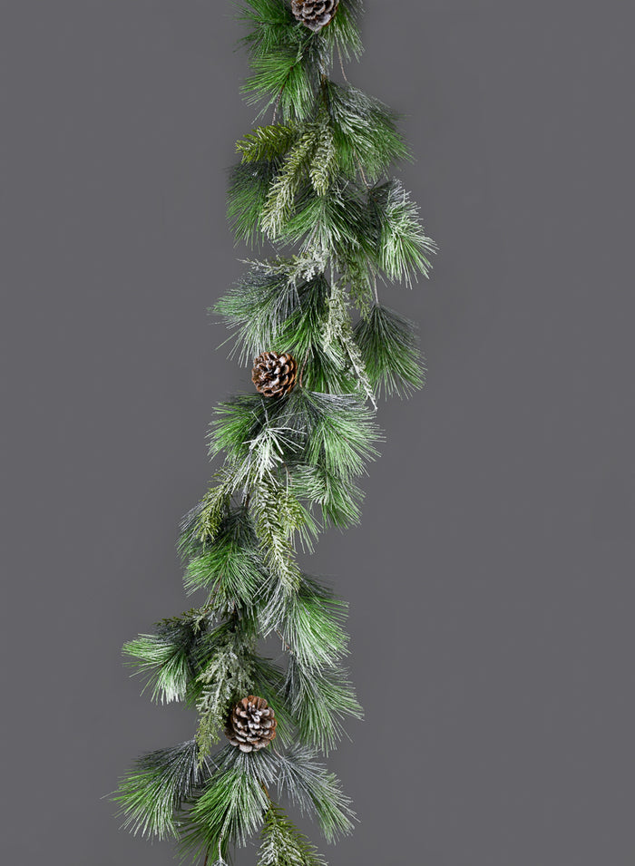 5ft Long Snowy Mixed Evergreens Garland With Pine Cones, Case of 2 Decor Jamali Garden
