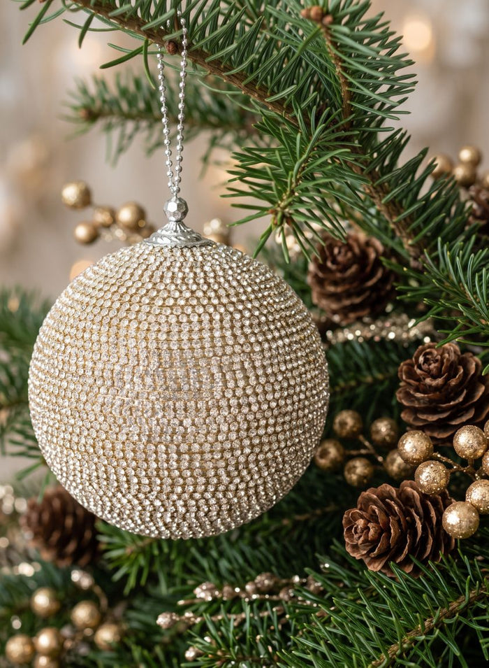 5in Round Champagne Full Rhinestone Beaded Ornament Ball Decor Jamali Garden