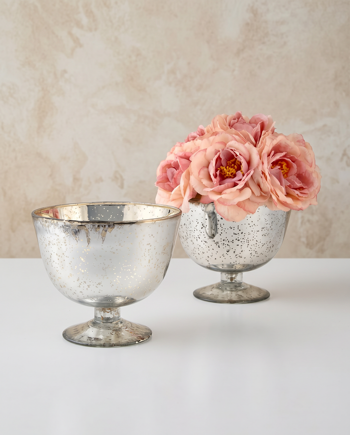5in Tall Antique Silver Glass Bowl, Set of 2