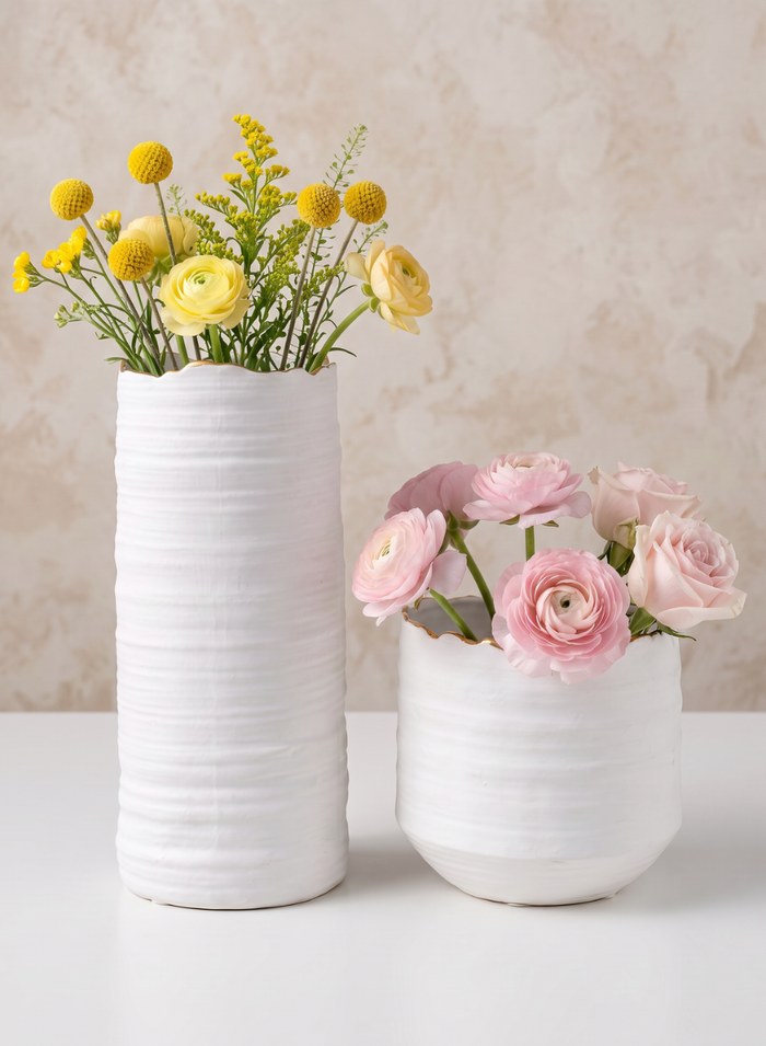 5in Tall Clay White Porcelain Cylinder with Gold Edging Decor Jamali Garden