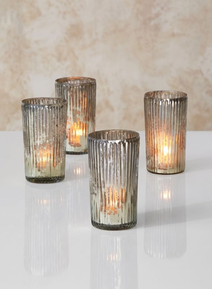 5in Tall Ribbed Antique Silver Glass Votive Holder, Set of 4 Decor Jamali Garden
