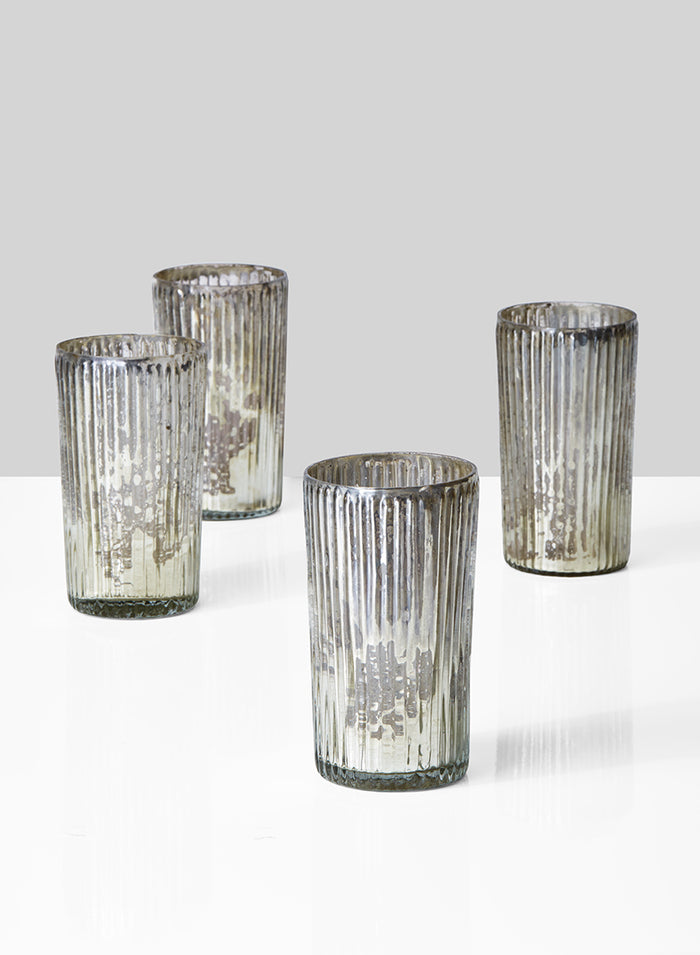 5in Tall Ribbed Antique Silver Glass Votive Holder, Set of 4 Decor Jamali Garden