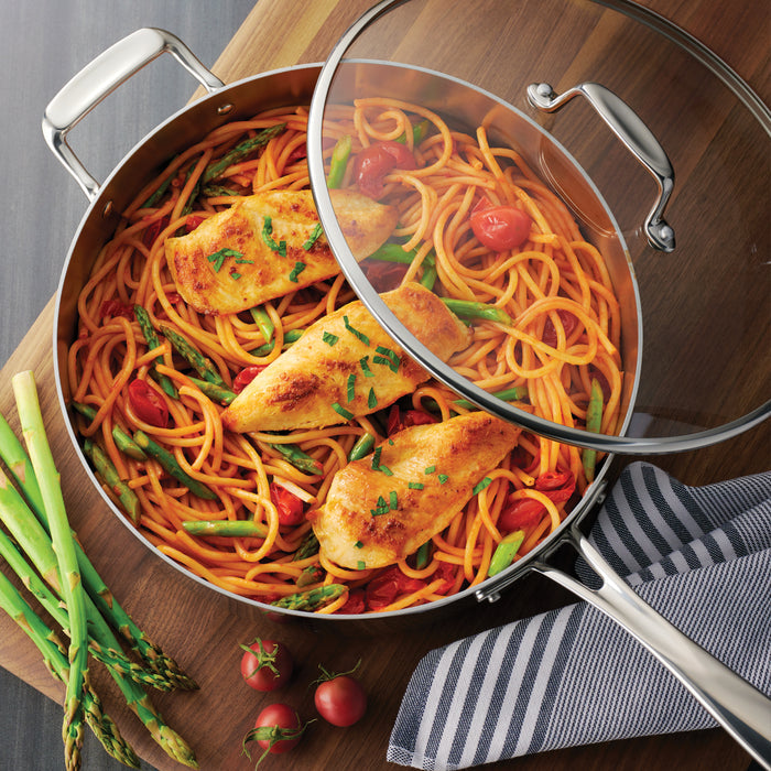6 Quart Tri-Ply Clad Stainless Steel Covered Deep Saute Pan - Glass Lids