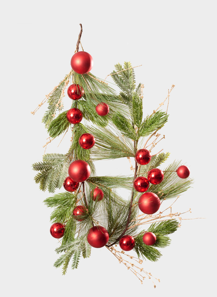 60in Long Classic Pine Garland with Red Ornaments & Glitter Berries Decor Jamali Garden