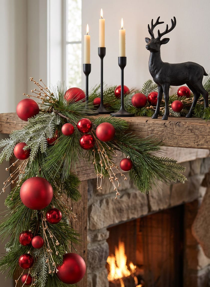 60in Long Classic Pine Garland with Red Ornaments & Glitter Berries Decor Jamali Garden