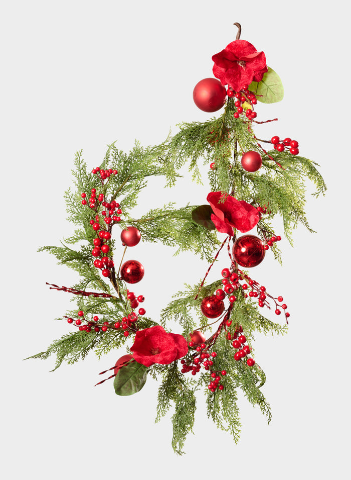60in Long Red Magnolia and Ball Pine Garland Decor Jamali Garden