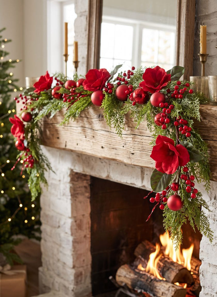 60in Long Red Magnolia and Ball Pine Garland Decor Jamali Garden