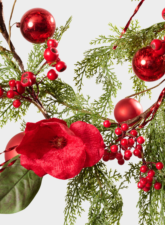 60in Long Red Magnolia and Ball Pine Garland Decor Jamali Garden