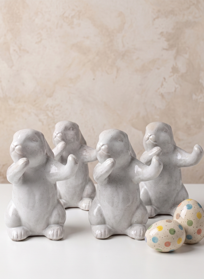 6.5in Tall Aged White Porcelain Rabbit, Set of 4 Decor Jamali Garden
