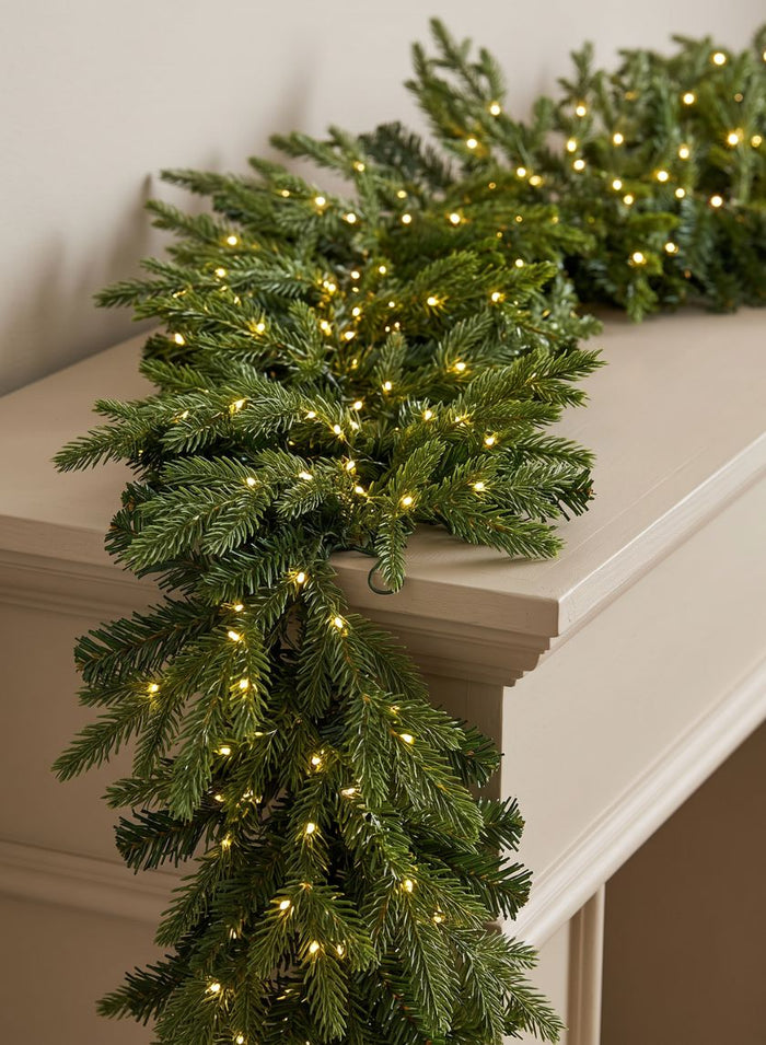 6ft Long Warm White Pre-Lit Pine Garland (200 Lights) Decor Jamali Garden