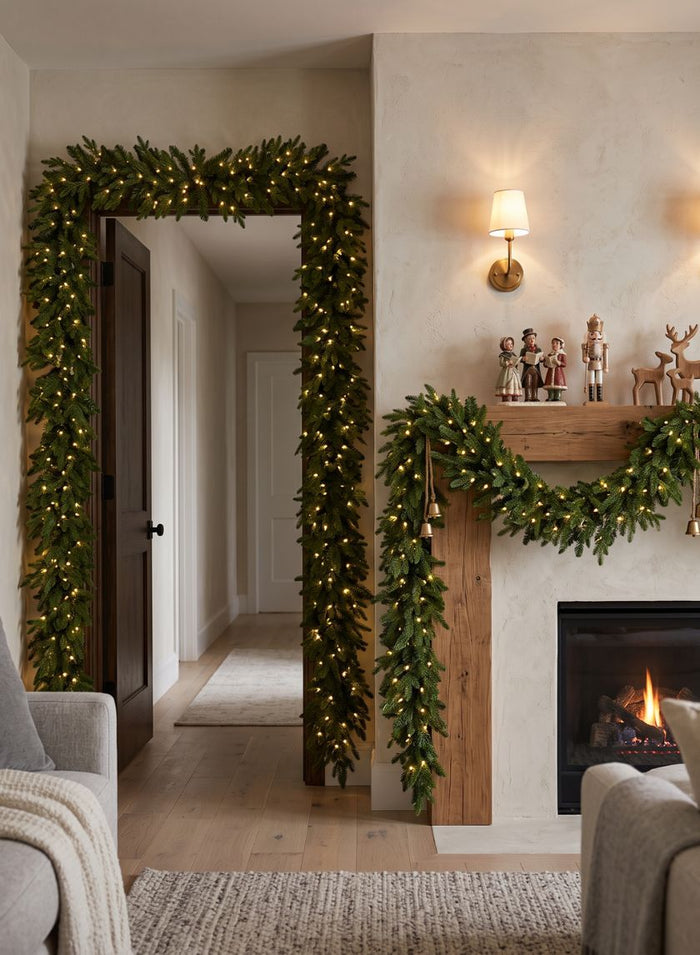 6ft Long Warm White Pre-Lit Pine Garland (200 Lights) Decor Jamali Garden