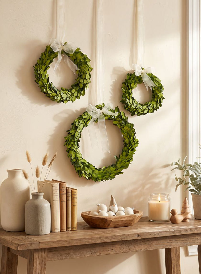 6in, 7 1/2in, and 10in Wide Ribbon Boxwood Wreath Set of 3 Decor Jamali Garden