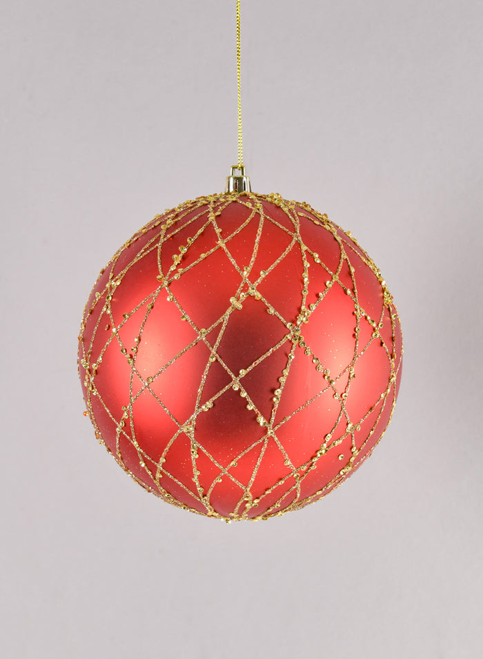 6in Round Matte Red with Gold Glitter Plastic Ball Decor Jamali Garden