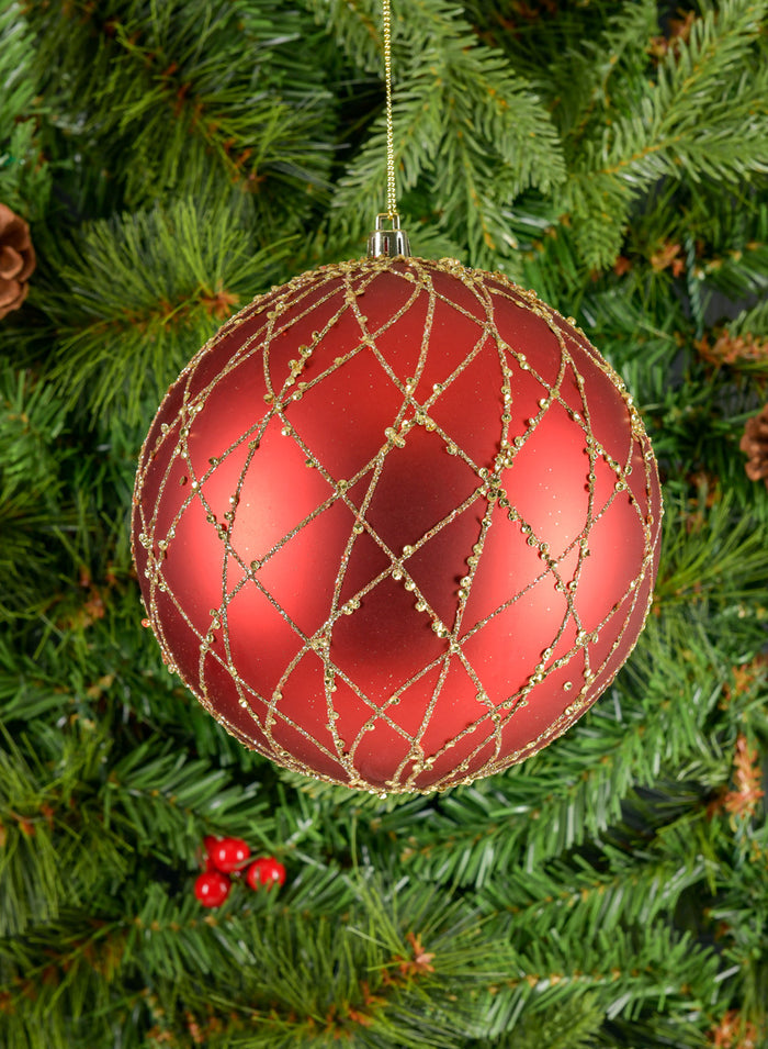 6in Round Matte Red with Gold Glitter Plastic Ball Decor Jamali Garden
