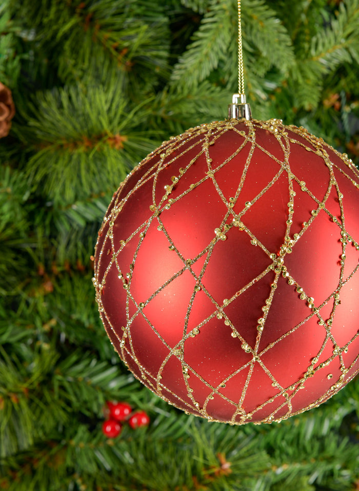 6in Round Matte Red with Gold Glitter Plastic Ball Decor Jamali Garden