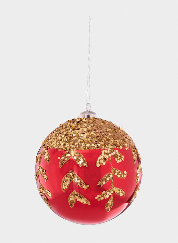 6in Round Plastic "Real Glass Look" Beaded Leaves Red Ornament Decor Jamali Garden