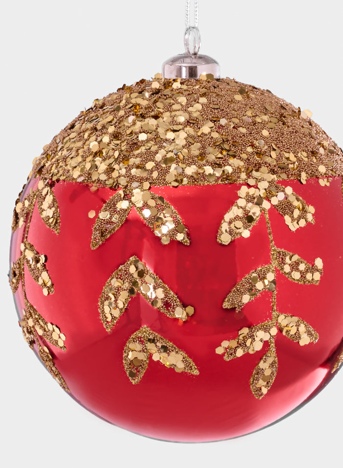 6in Round Plastic "Real Glass Look" Beaded Leaves Red Ornament Decor Jamali Garden