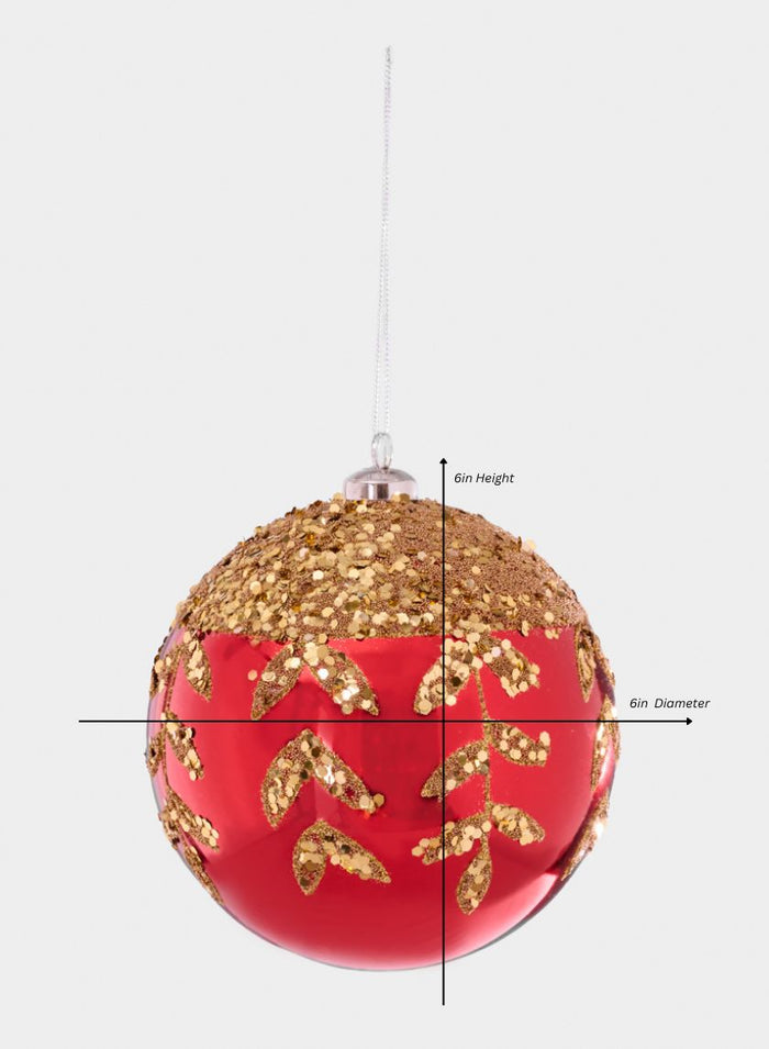 6in Round Plastic "Real Glass Look" Beaded Leaves Red Ornament Decor Jamali Garden