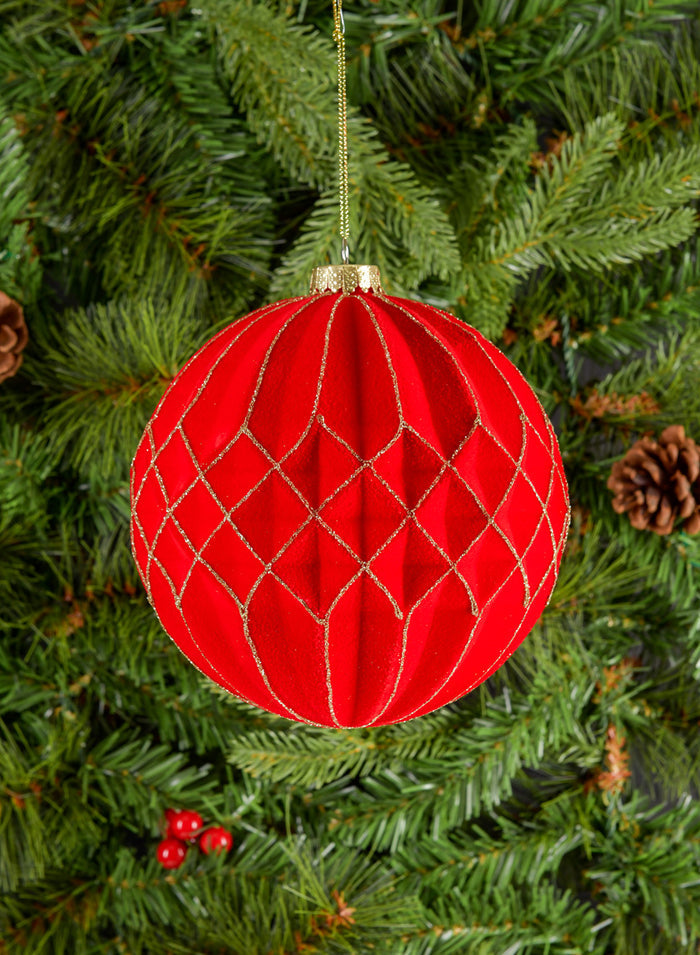 6in Round Red Flocked Stripe Plastic Ornament Decor Jamali Garden