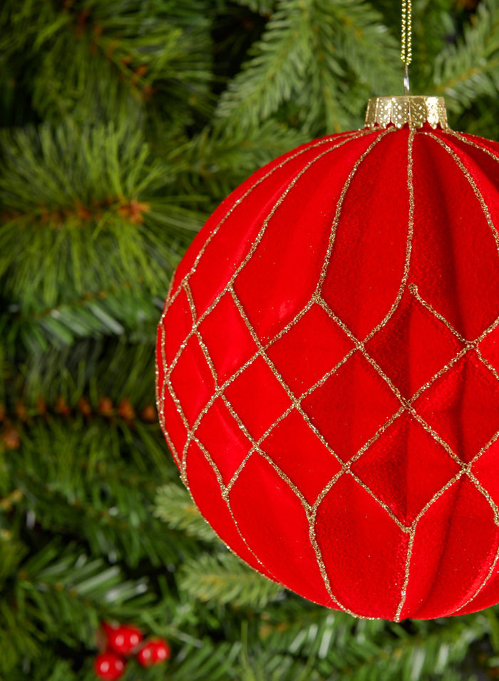 6in Round Red Flocked Stripe Plastic Ornament Decor Jamali Garden