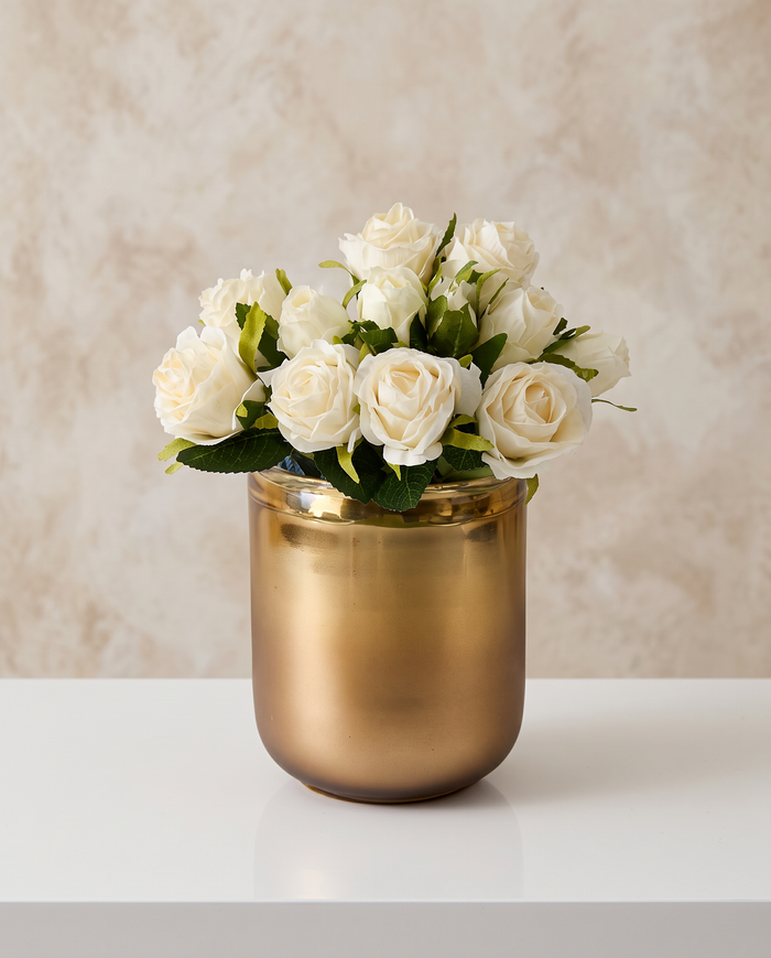 6in Tall Ebba Hand Blown Gold Glass Candleholder