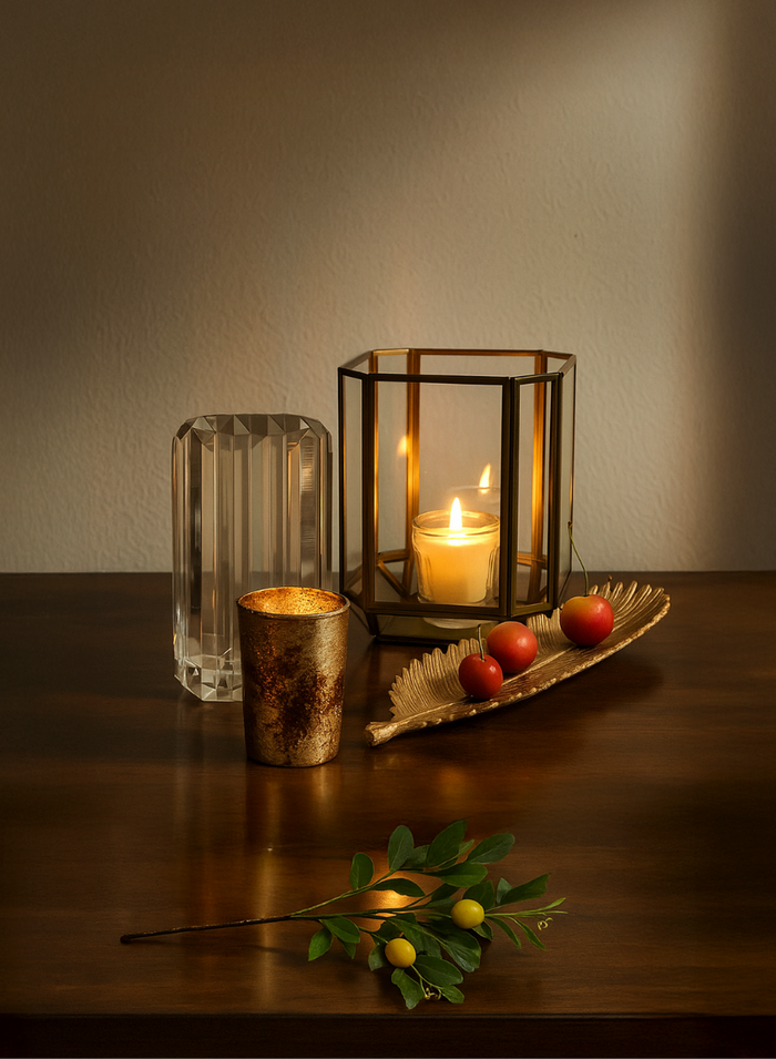 6in Tall Fatemeh Gold Trim Glass Panel Candle Holder Decor Jamali Garden