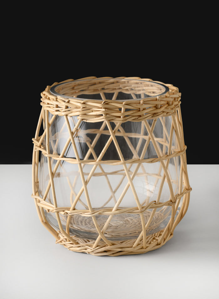6in Tall Hanoi Market Wicker & Glass Holder Decor Jamali Garden