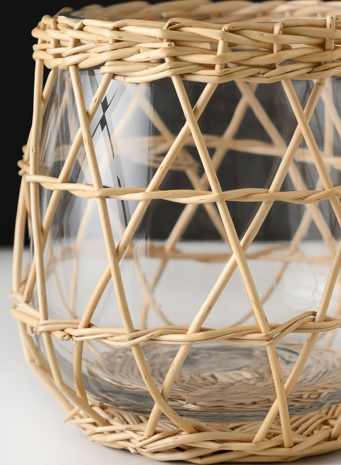 6in Tall Hanoi Market Wicker & Glass Holder Decor Jamali Garden