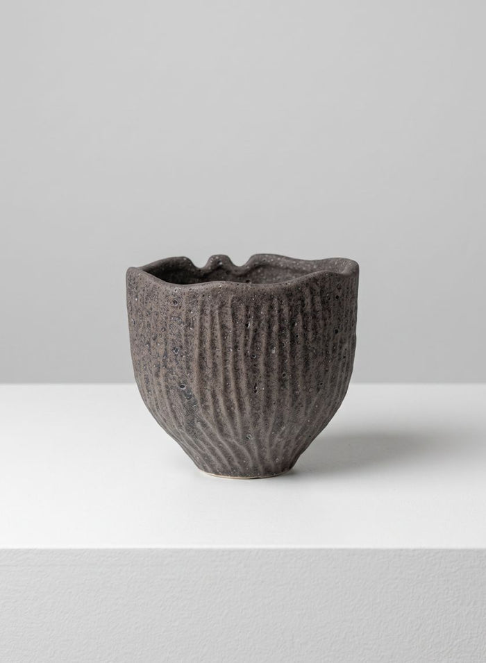 6in Wide Boheme Ridged Black Lava Ceramic Cachepot, Case of 6 Decor Jamali Garden