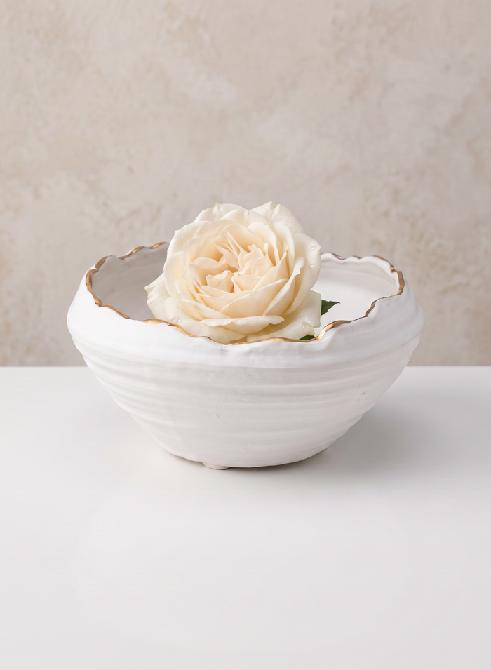 6in Wide Clay White Porcelain Bowl with Gold Edging Decor Jamali Garden