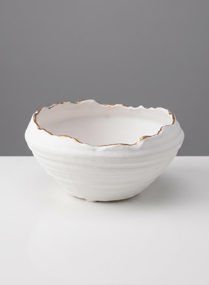 6in Wide Clay White Porcelain Bowl with Gold Edging Decor Jamali Garden