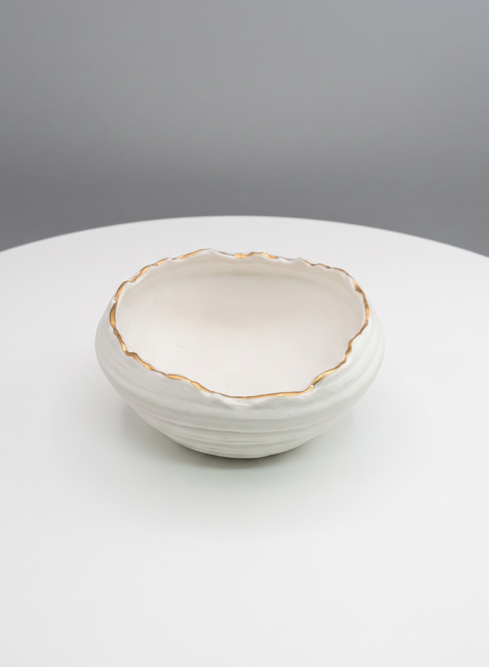 6in Wide Clay White Porcelain Bowl with Gold Edging Decor Jamali Garden