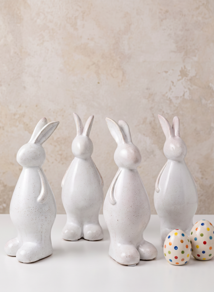 7.5in Tall Aged White Porcelain Rabbit, Set of 4 Decor Jamali Garden