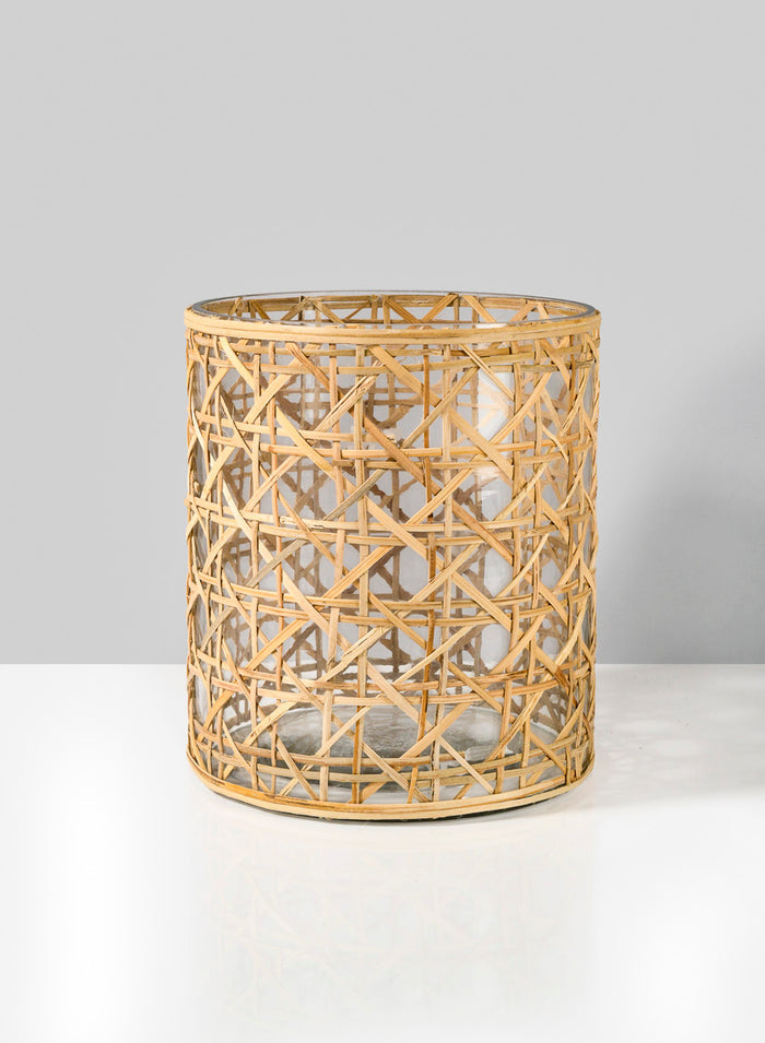 7in Tall Saigon Cane Wrapped Glass Candle Hurricane Decor Jamali Garden