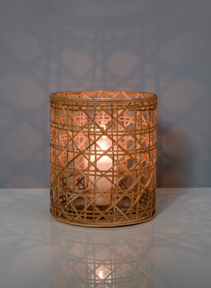 7in Tall Saigon Cane Wrapped Glass Candle Hurricane Decor Jamali Garden