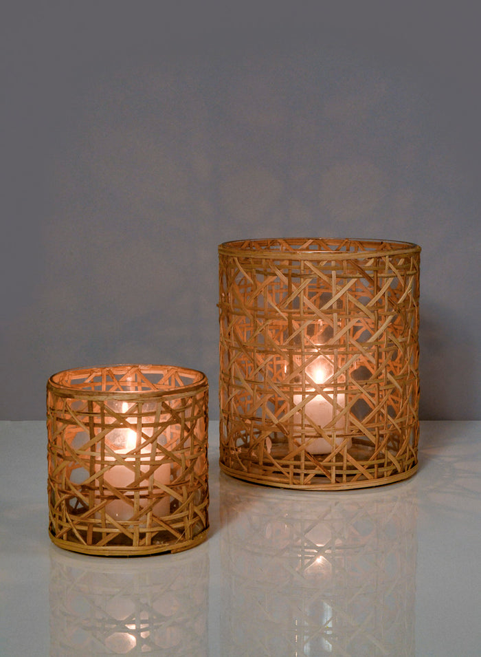 7in Tall Saigon Cane Wrapped Glass Candle Hurricane Decor Jamali Garden