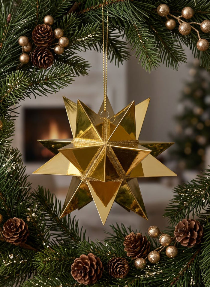 7in Wide Gold Starbust Glittered Plastic Ornament Decor Jamali Garden
