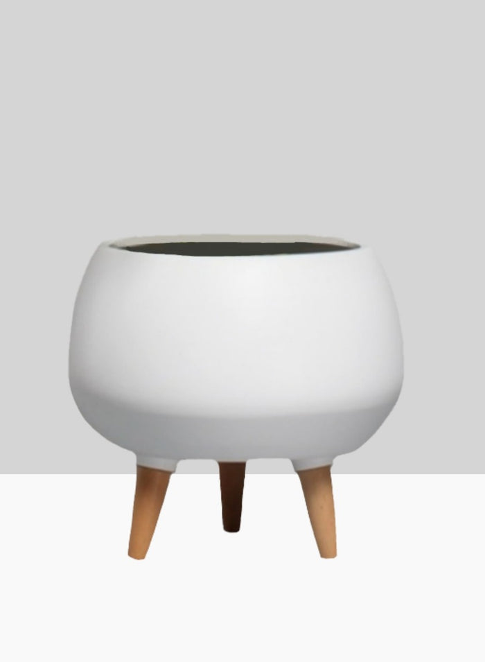 9.5in Tall Breakers Matte White Ceramic Planter With Wood Legs Decor Jamali Garden