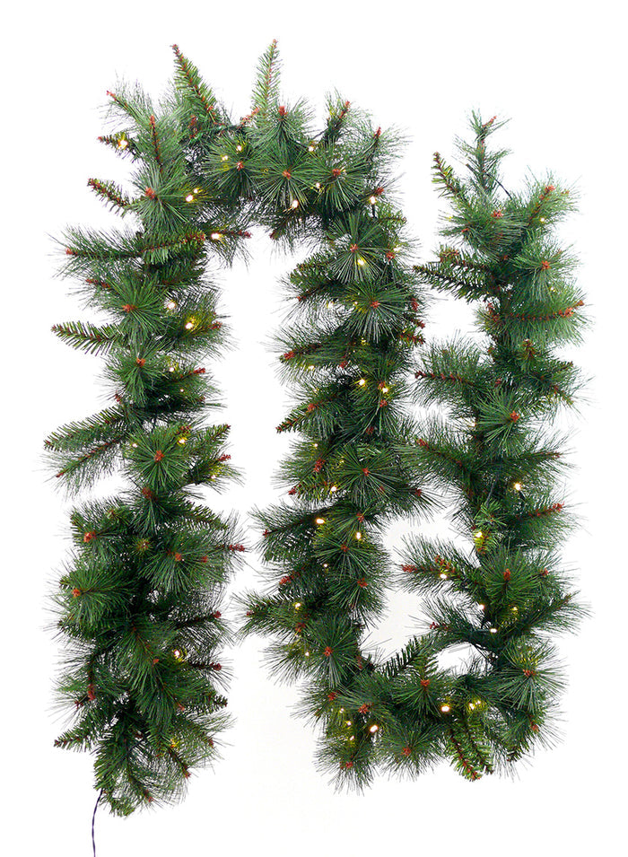 9ft Long Pine Needle Garland with Warm White 100 L.E.D. Lights Decor Jamali Garden