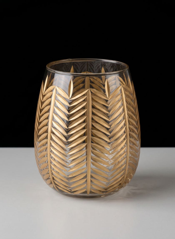 9in Tall Gold Palm Etched Glass Holder Decor Jamali Garden