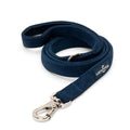 Lucy & Co. navy blue corduroy dog leash with a padded handle and a secure silver lockable carabiner clip.