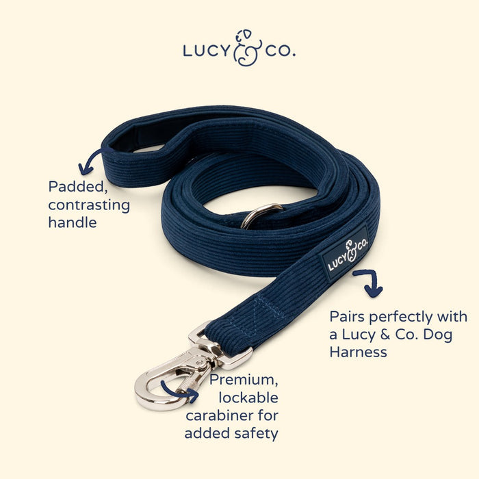 Lucy & Co. navy blue corduroy dog leash with a padded handle and a premium lockable carabiner clip.